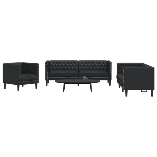 3-tlg. Chesterfield Sofa Set Schwarz Kunstleder