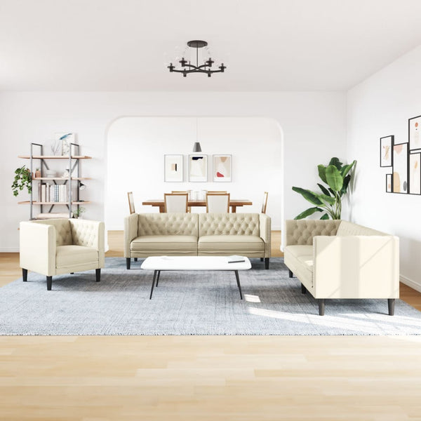 3-tlg. Chesterfield Sofa Set Creme Kunstleder