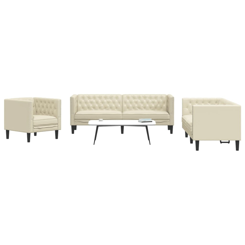 3-tlg. Chesterfield Sofa Set Creme Kunstleder