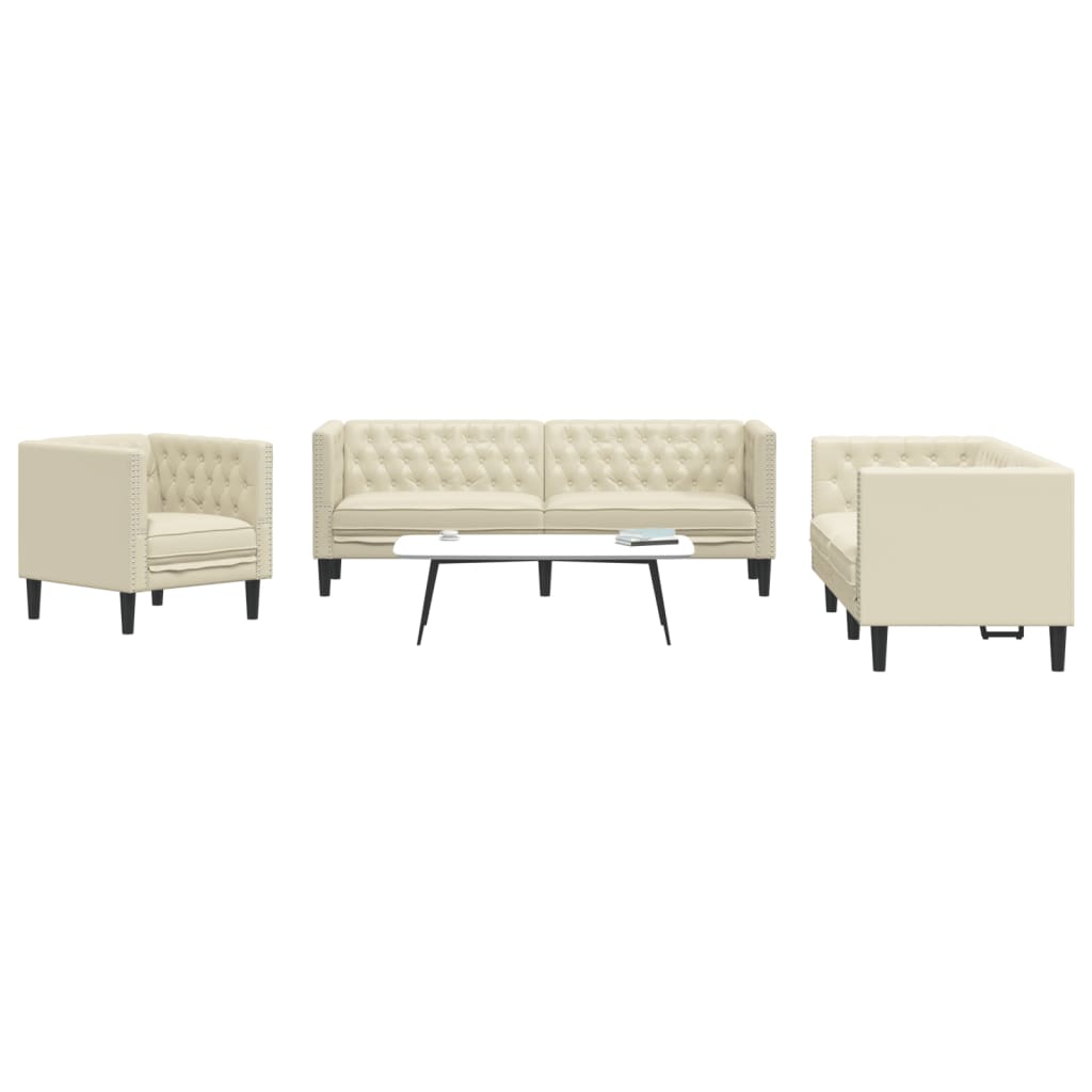 3-tlg. Chesterfield Sofa Set Creme Kunstleder