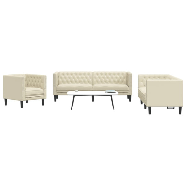 3-tlg. Chesterfield Sofa Set Creme Kunstleder
