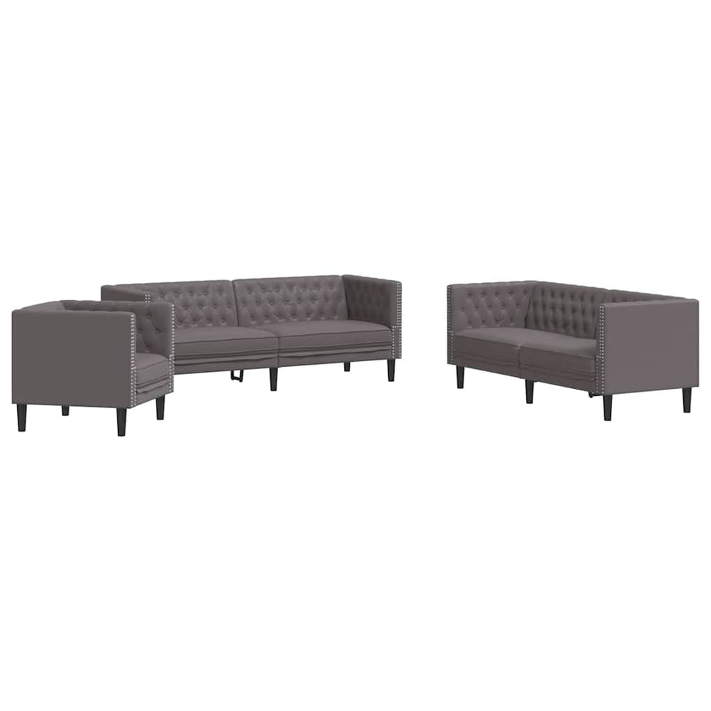 3-tlg. Chesterfield Sofa Set Grau Kunstleder
