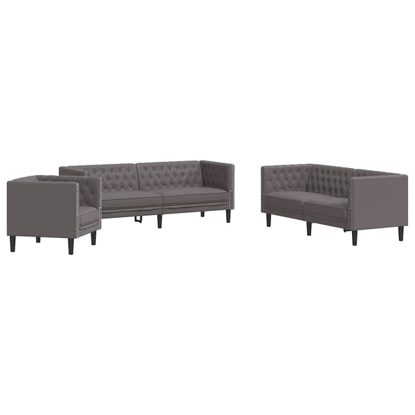 3-tlg. Chesterfield Sofa Set Grau Kunstleder