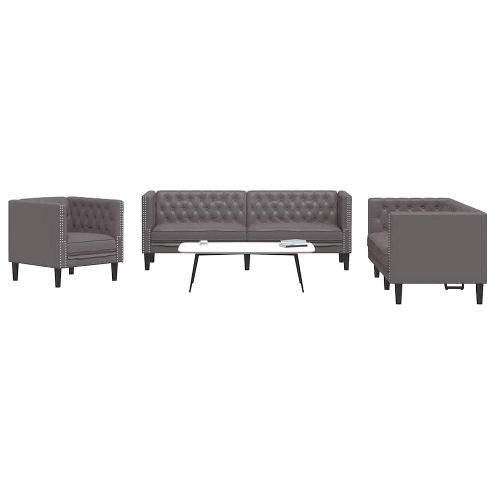 3-tlg. Chesterfield Sofa Set Grau Kunstleder