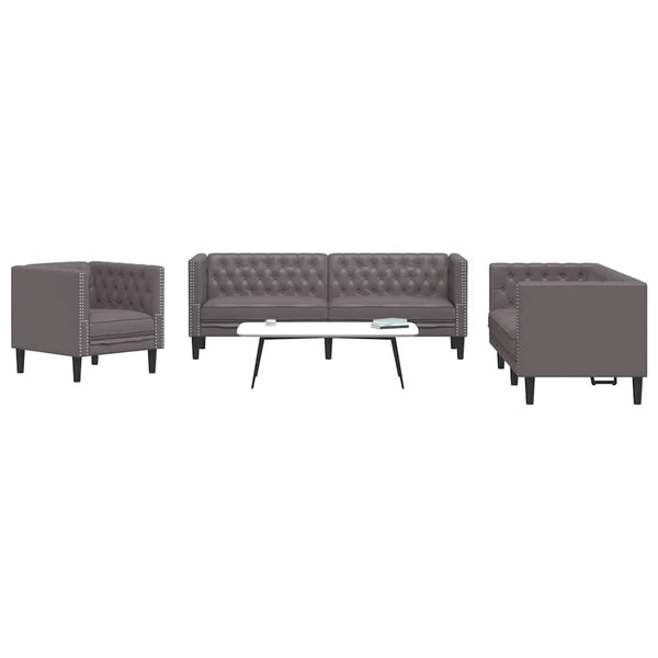 3-tlg. Chesterfield Sofa Set Grau Kunstleder