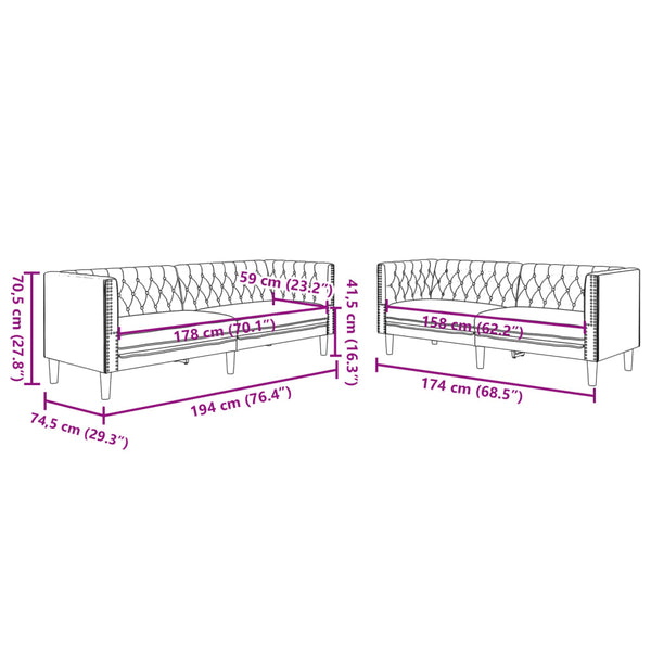 Chesterfield Sofa Set, 2-teilig, Braun Kunstleder