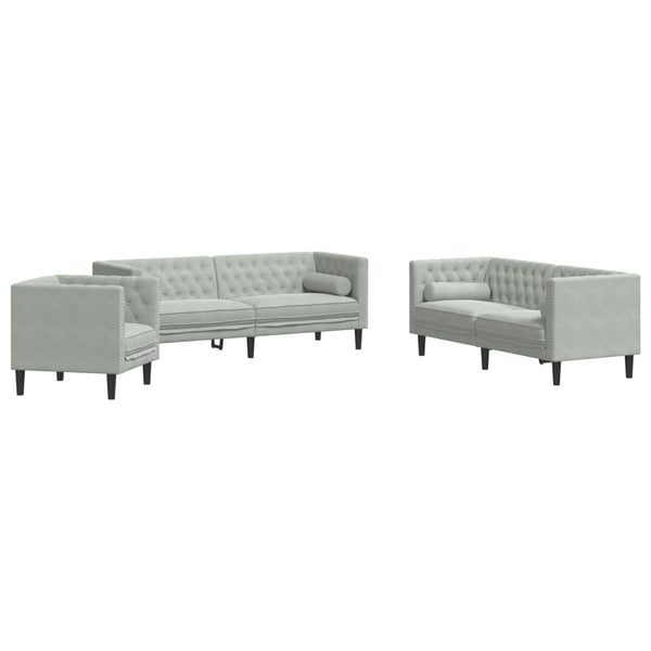 3-tlg. Chesterfield Sofa Set Hellgrau Samt