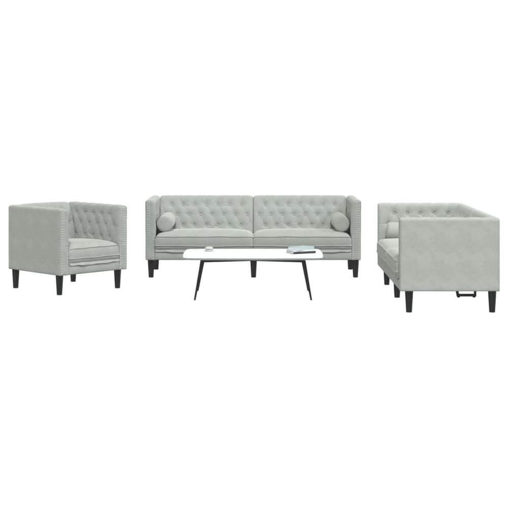 3-tlg. Chesterfield Sofa Set Hellgrau Samt