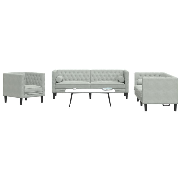 3-tlg. Chesterfield Sofa Set Hellgrau Samt