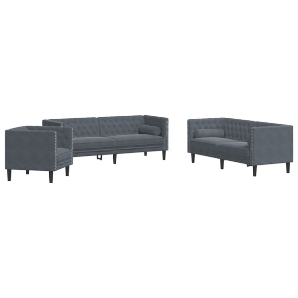 3-tlg. Chesterfield Sofa Set Dunkelgrau Samt