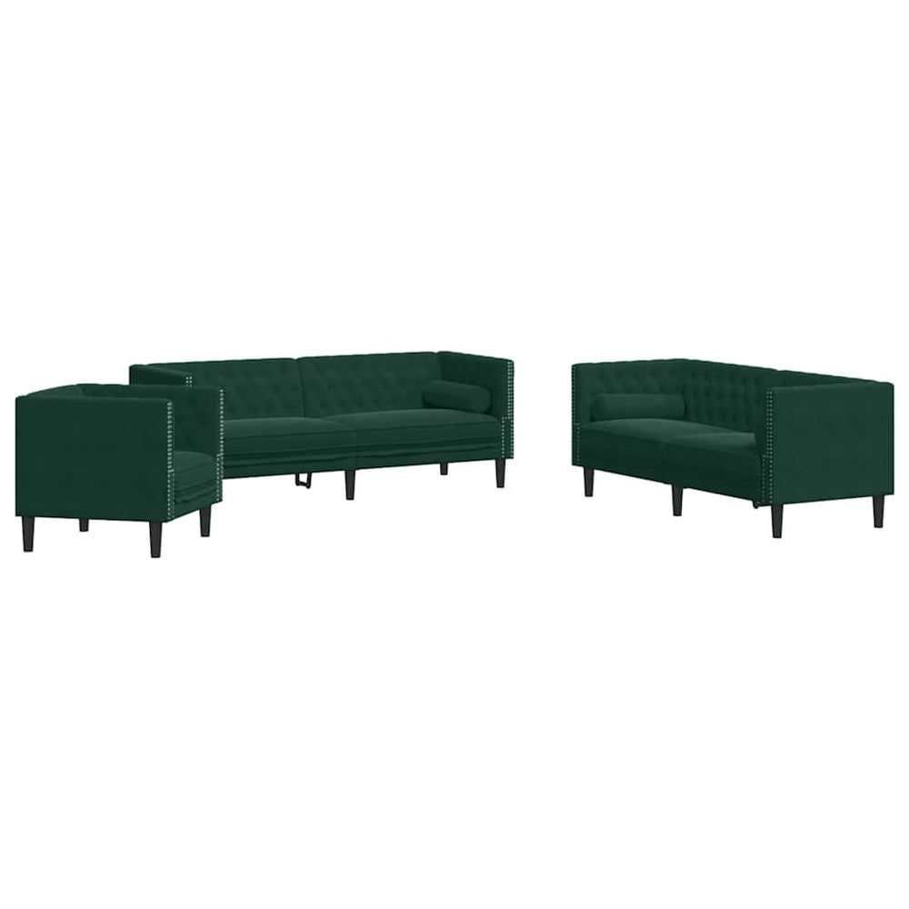 3-tlg. Dunkelgrünes Chesterfield Sofa Set Samt
