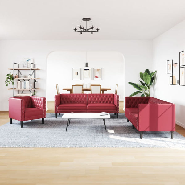 3-tlg. Chesterfield Sofa Set Weinrot Samt