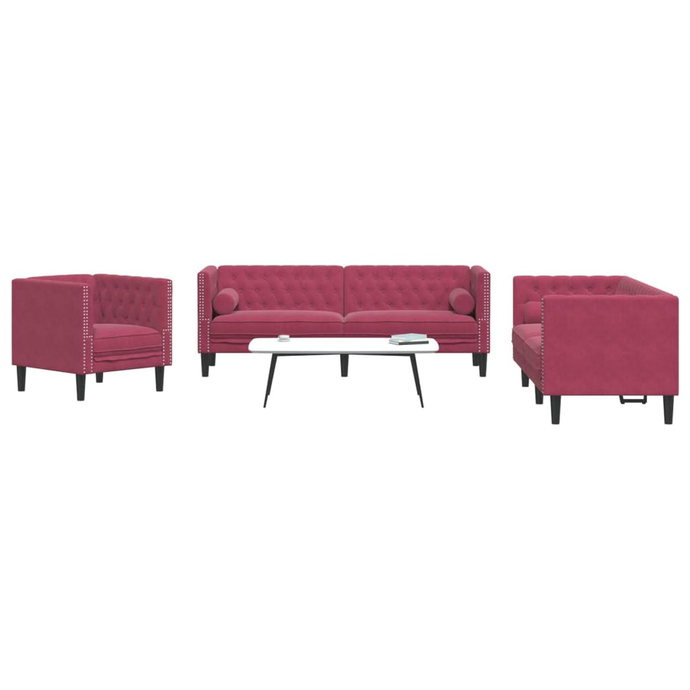 3-tlg. Chesterfield Sofa Set Weinrot Samt