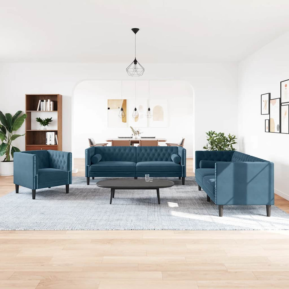 3-teiliges Chesterfield Sofa Set Blau Samt