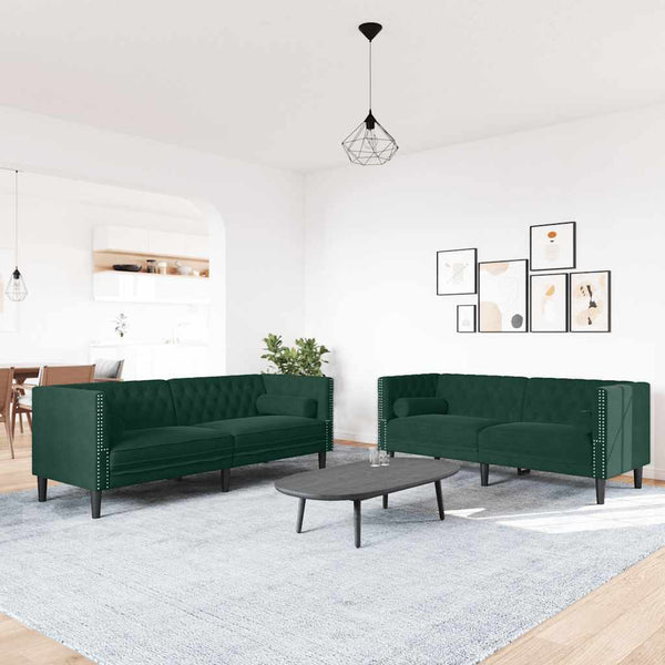 2-tlg. Dunkelgrünes Chesterfield Sofa-Set mit Nackenrollen