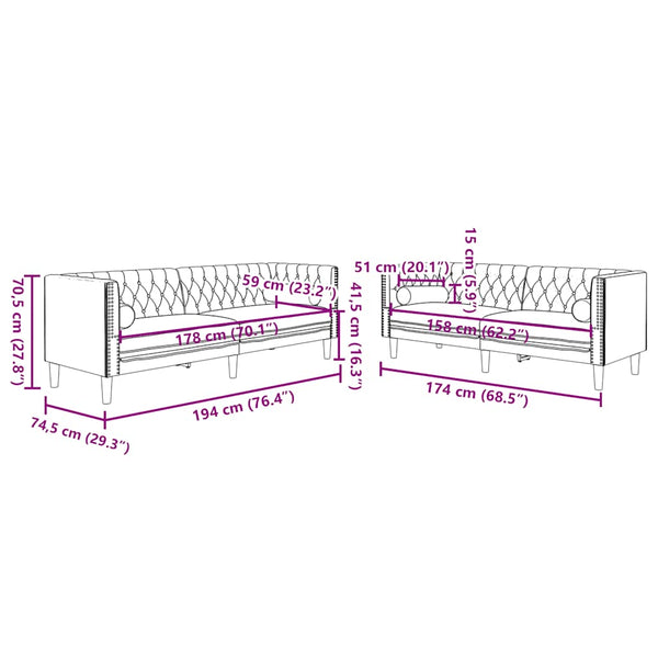 Chesterfield Sofa Set 2-teilig Blau Samt