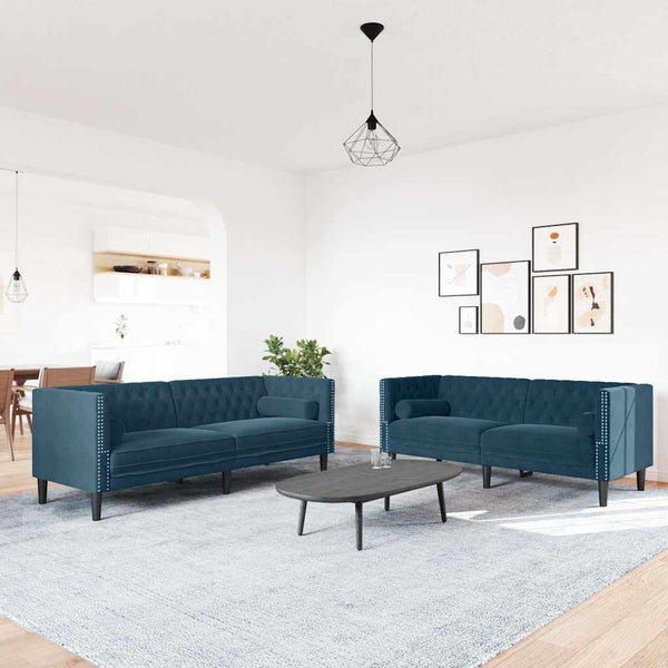 Chesterfield Sofa Set 2-teilig Blau Samt