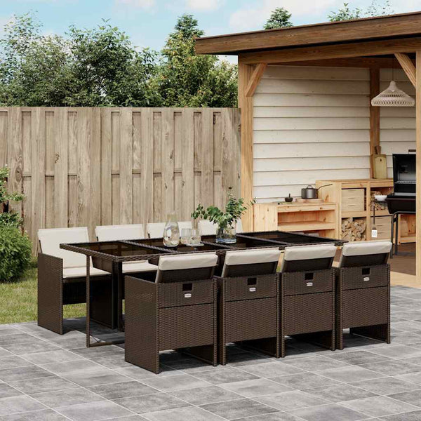 vidaXL Salle à manger de jardin 9 pcs avec coussins Marron Résine tressée