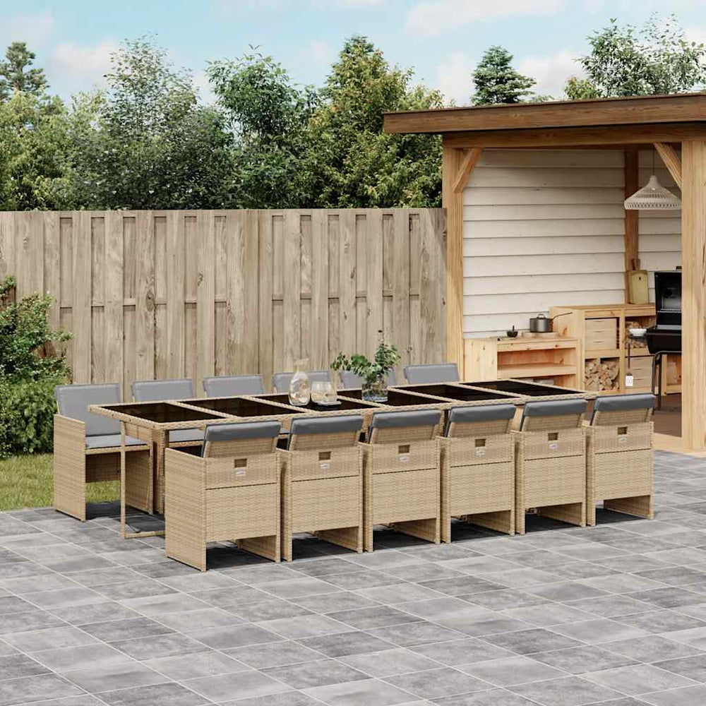 vidaXL Salon de jardin à dîner 13 pcs avec coussins mélangés de beige en poly rotin