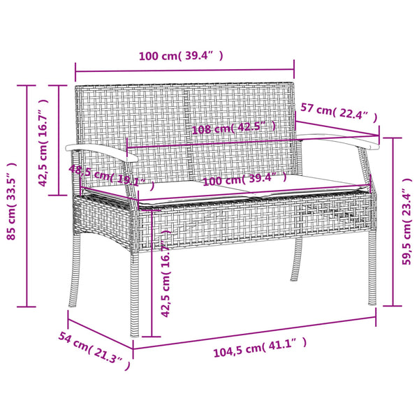 Gartenbank Schwarz Poly Rattan mit Kissen