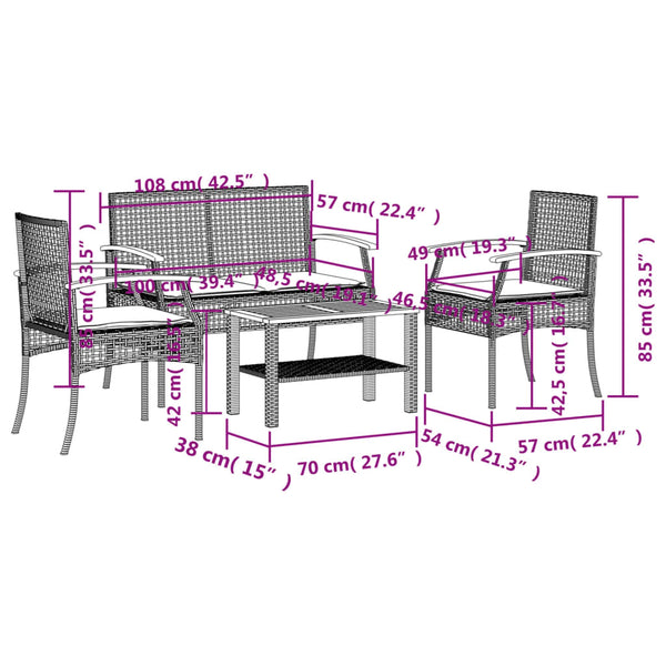 4-tlg. Garten-Lounge-Set mit Kissen Schwarz Poly Rattan