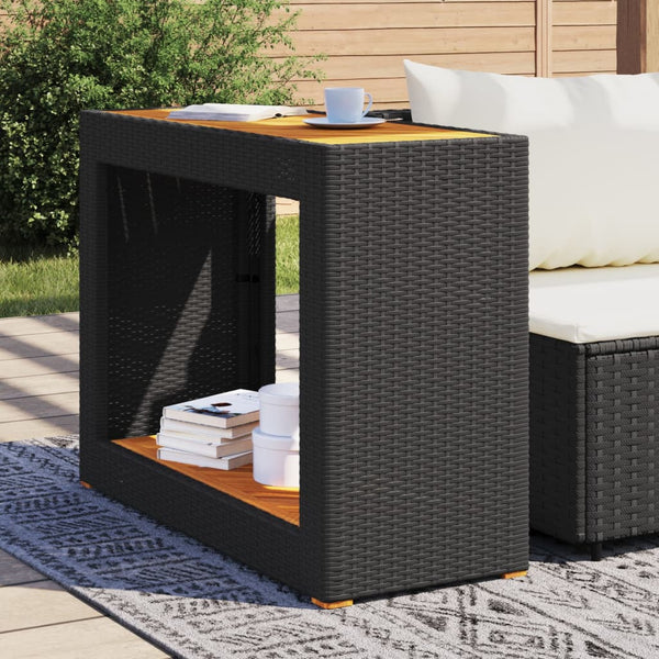 Garten Beistelltisch Schwarz Poly Rattan Holzplatte