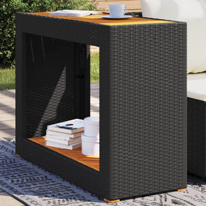 Garten Beistelltisch Schwarz Poly Rattan Holzplatte