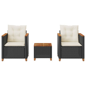 3-tlg Bistro Set Schwarz Poly Rattan Akazienholz