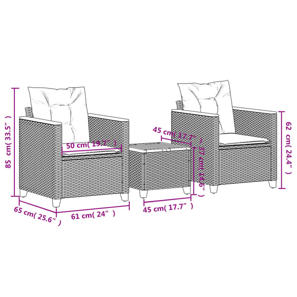 3-tlg. Bistro Set Grau mit Kissen