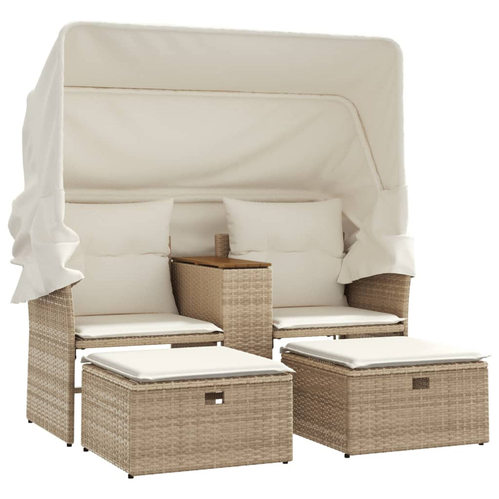 vidaXL 2-Seater Garden Sofa with Roof and Stools Beige Poly Rattan
