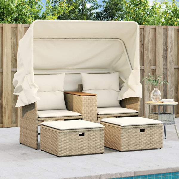 vidaXL Canapé de jardin 2 places avec toit et poufs en résine tressée beige