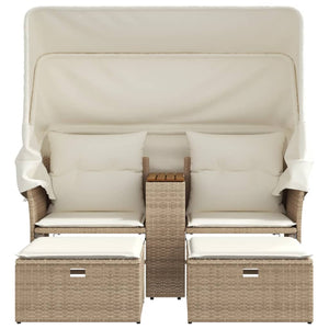 vidaXL Canapé de jardin 2 places avec toit et poufs en résine tressée beige