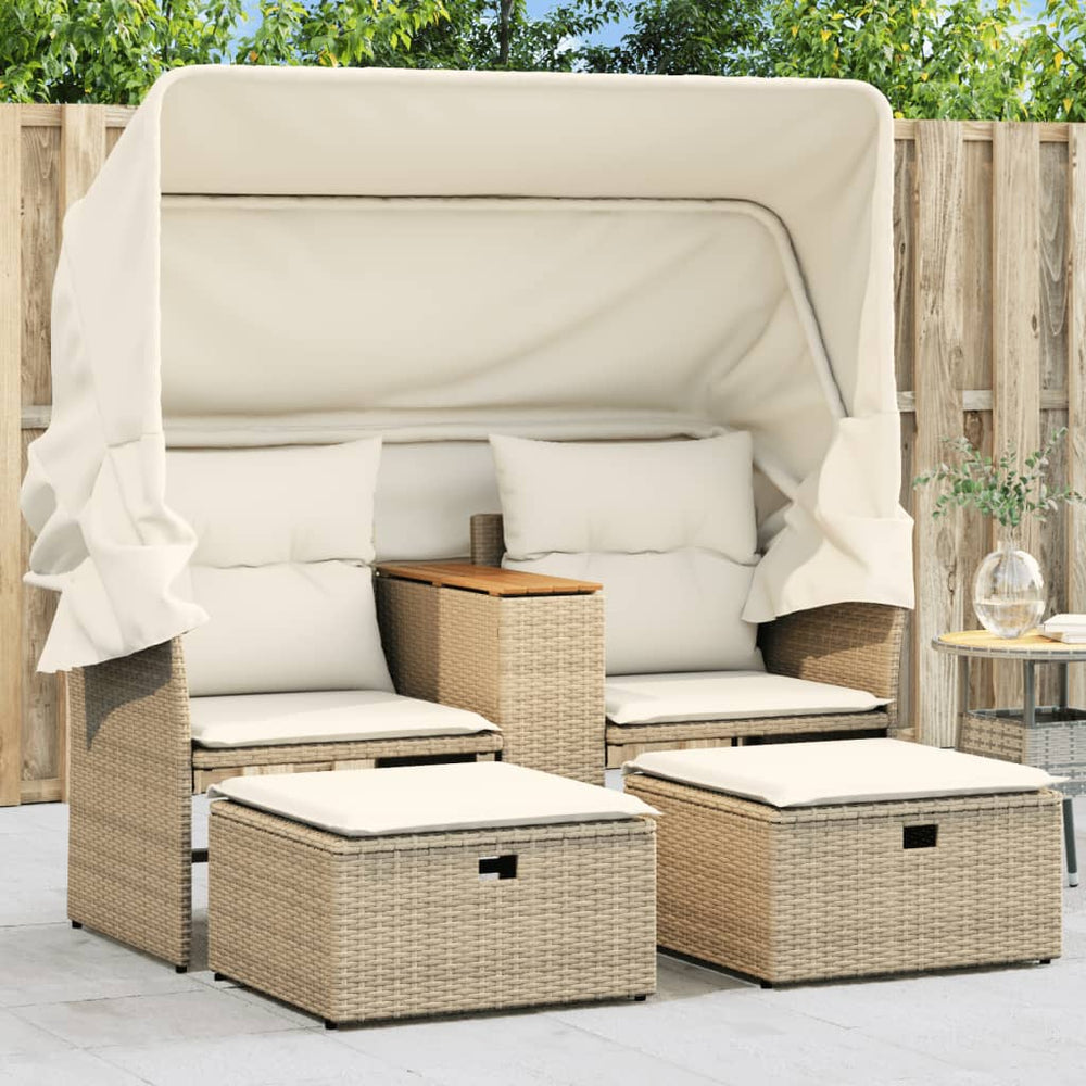 vidaXL 2-Seater Garden Sofa with Roof and Stools Beige Poly Rattan