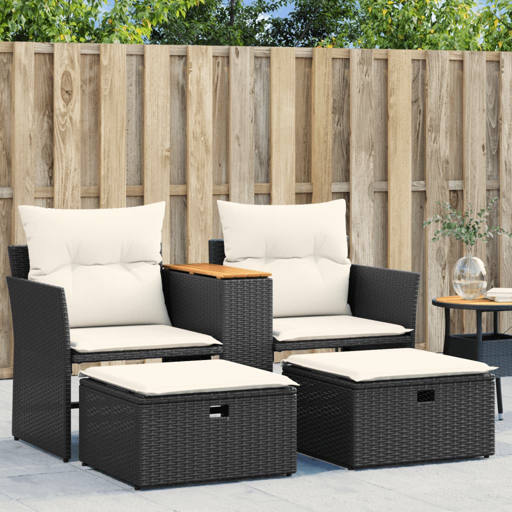 2-Sitzer Gartensofa mit Hockern, Schwarz