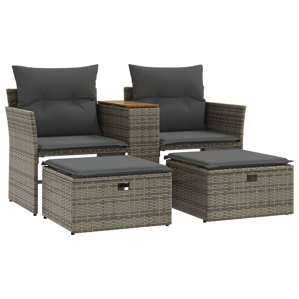 Gartensofa 2-Sitzer mit Hockern Grau Rattan