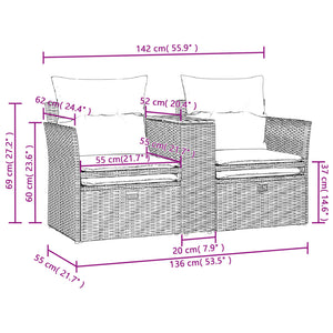 Gartensofa 2-Sitzer mit Hockern Grau Rattan