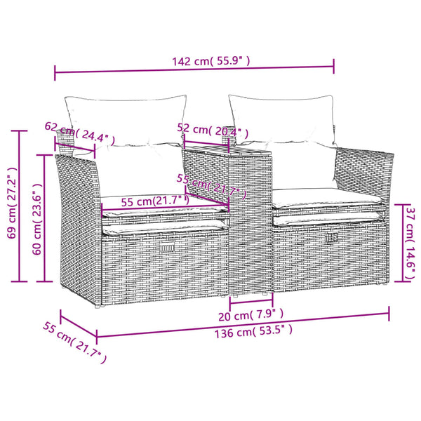 Gartensofa 2-Sitzer mit Hockern Grau Rattan