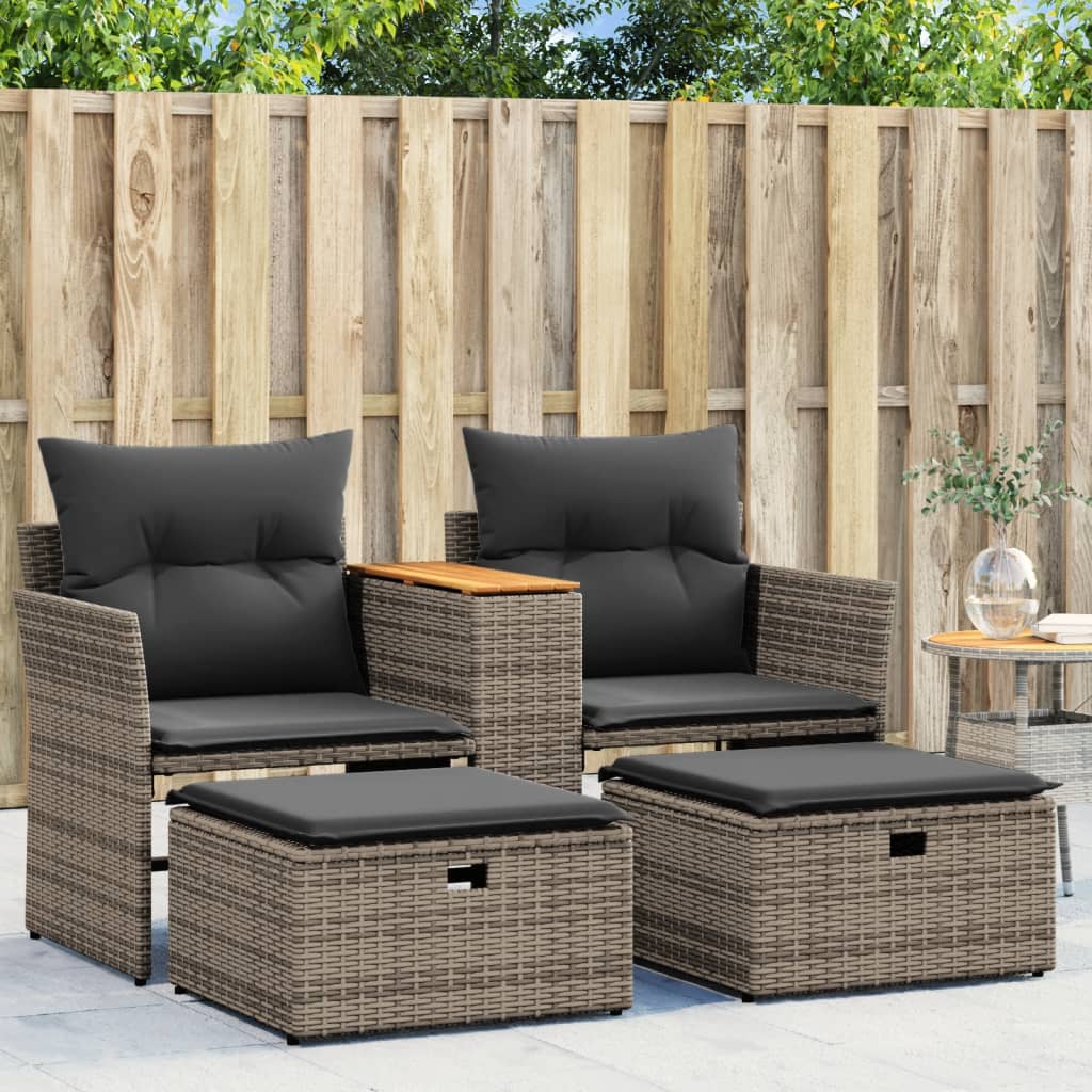 Gartensofa 2-Sitzer mit Hockern Grau Rattan
