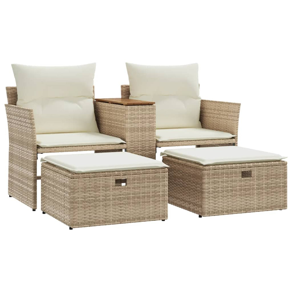 vidaXL 2-Seater Garden Sofa with Stools Beige Poly Rattan