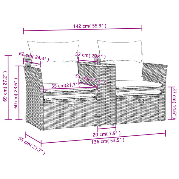 vidaXL 2-Seater Garden Sofa with Stools Beige Poly Rattan