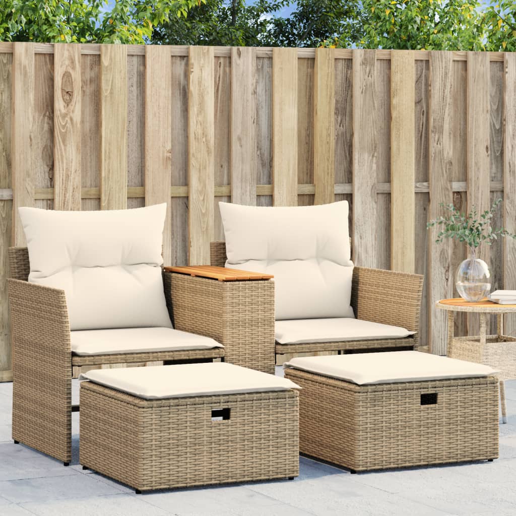 vidaXL 2-Seater Garden Sofa with Stools Beige Poly Rattan