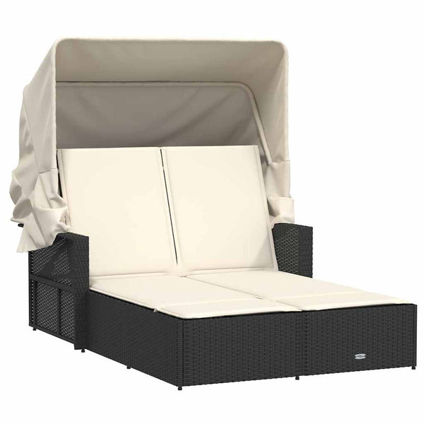 Doppel Sonnenliege mit Dach Schwarz Poly Rattan