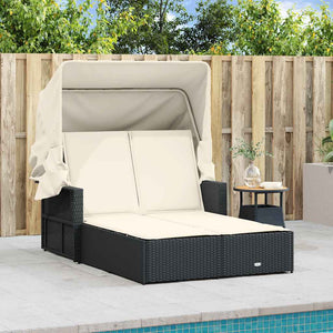 Doppel Sonnenliege mit Dach Schwarz Poly Rattan