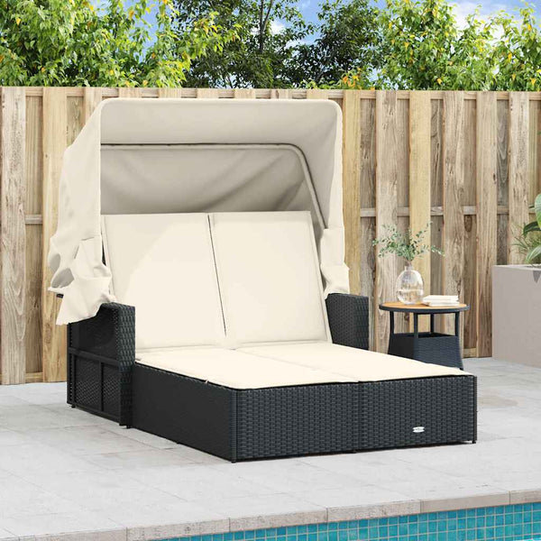 Doppel Sonnenliege mit Dach Schwarz Poly Rattan