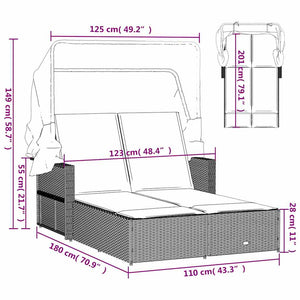 Doppel Sonnenliege mit Dach Schwarz Poly Rattan