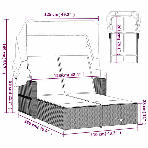 Doppel Sonnenliege mit Dach Schwarz Poly Rattan