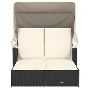 Doppel Sonnenliege mit Dach Schwarz Poly Rattan