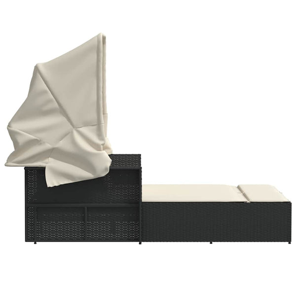 Doppel Sonnenliege mit Dach Schwarz Poly Rattan