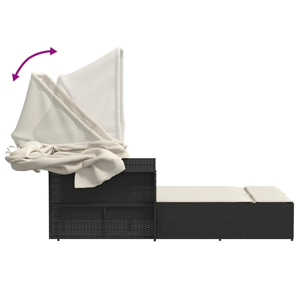 Doppel Sonnenliege mit Dach Schwarz Poly Rattan