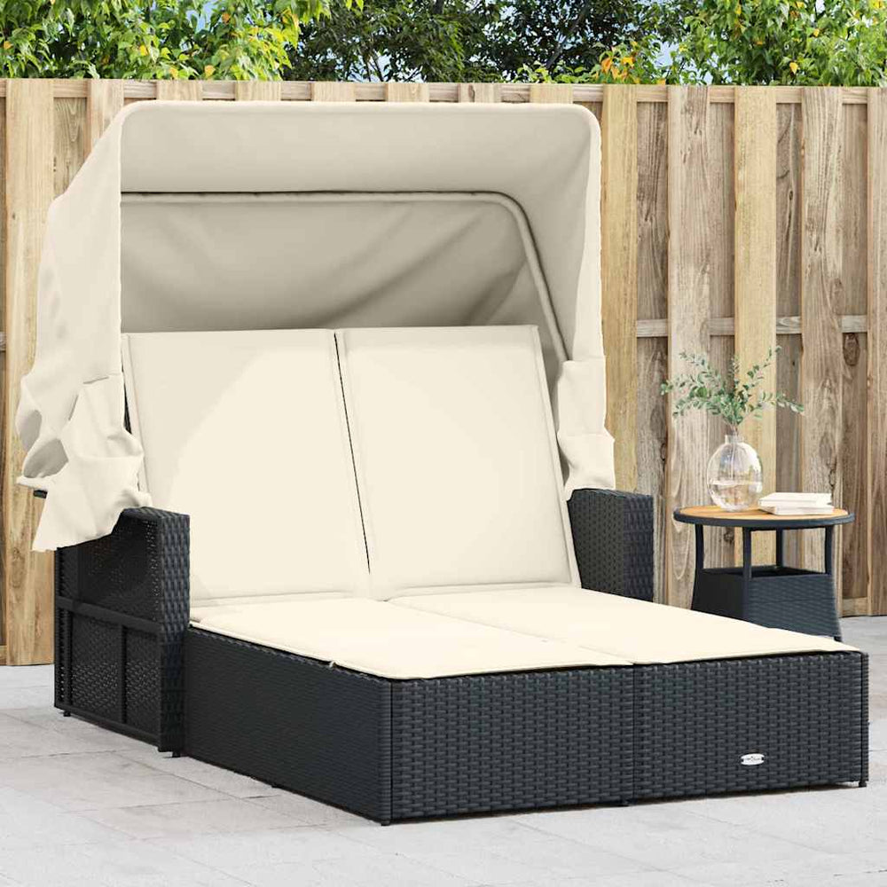 Doppel Sonnenliege mit Dach Schwarz Poly Rattan